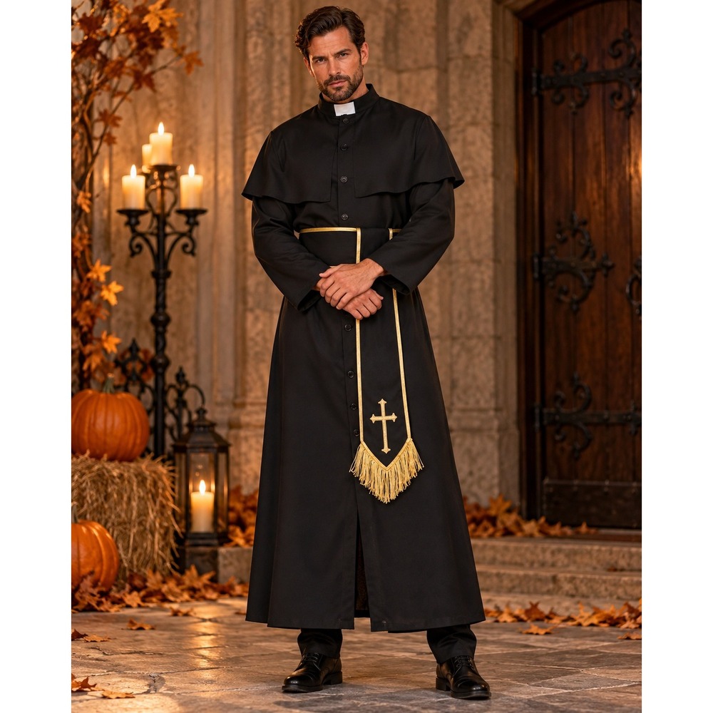 Priest Costume Mens XL Black Robe Belt 2 Piece Leg Avenue Adult Halloween